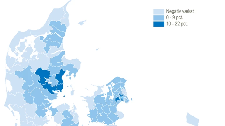 Udsnit af Danmarkskort hvor man kan se Odder Kommune kan se frem mod mere befolkningstilvæks. Kortet er lavet af Danmarks Statistik